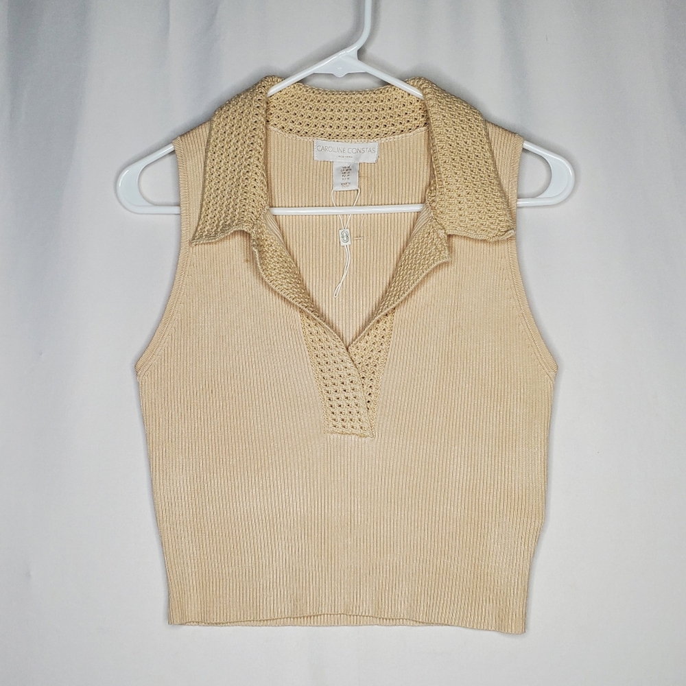 Caroline Constas Rib Knit Crop Top Womens Medium Beige Stretch Crochet Collar